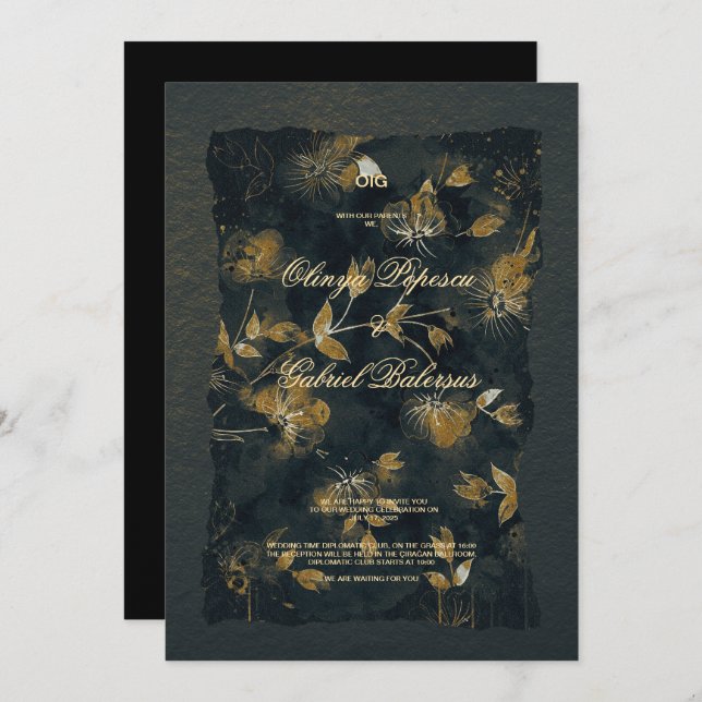 Blommor av svart Guld, vattenfärg, texturerat papp Inbjudningar (Fram/baksida)