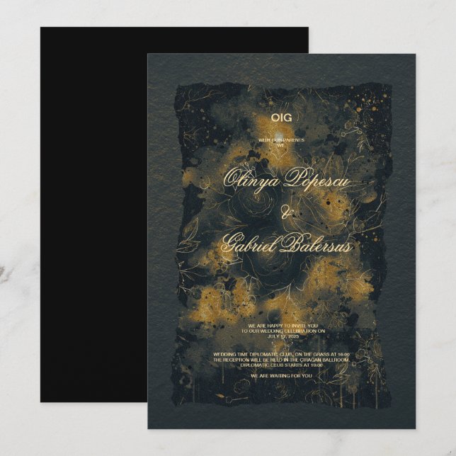 Blommor av svart Guld, vattenfärg, texturerat papp Inbjudningar (Fram/baksida)