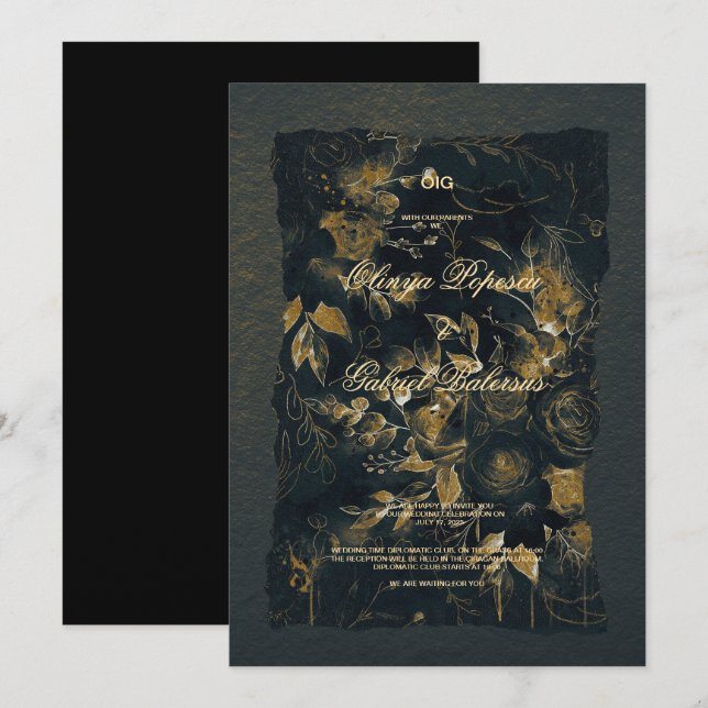 Blommor av svart Guld, vattenfärg, texturerat papp Inbjudningar (Fram/baksida)