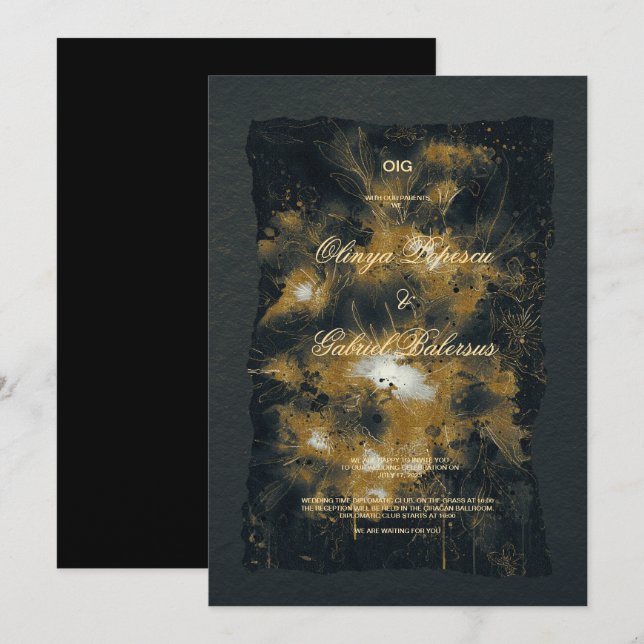 Blommor av svart Guld, vattenfärg, texturerat papp Inbjudningar (Fram/baksida)