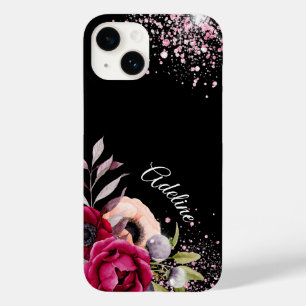 Blommor av svart rosa glitter burgundi monogram