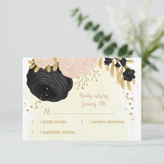 Blommor av svart rosa guld botaniska bröllop OSA kort (Stående Fram)