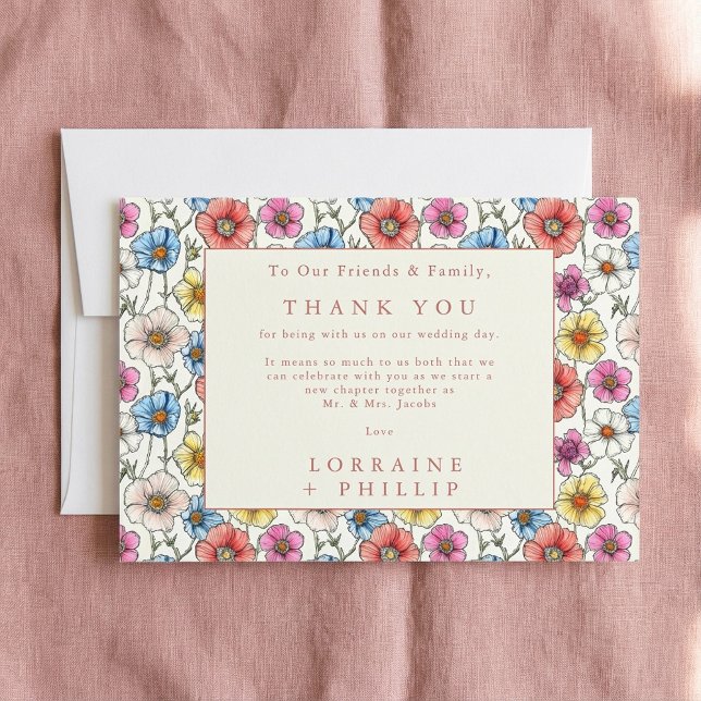 Blommor av vibrant vild sömlös mönster bröllop tack kort (Vibrant wild flowers seamless pattern wedding thank you card)