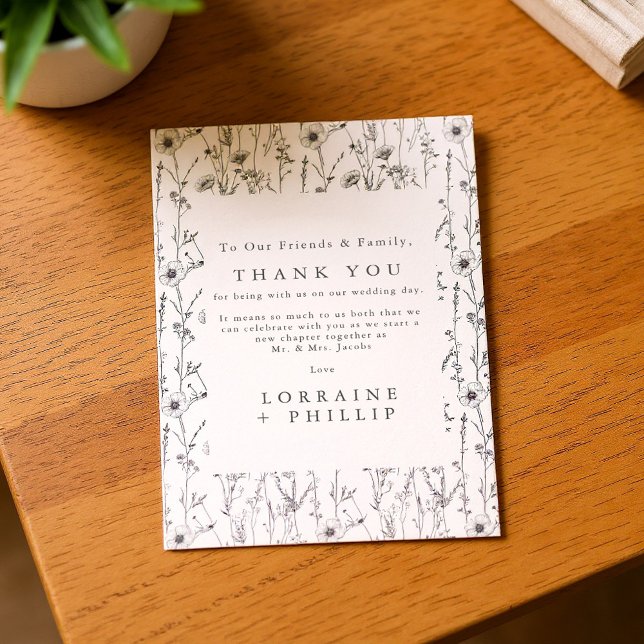 Blommor av vismisk vild, sömlös, mönster bröllop tack kort (Whimsical wild flowers seamless pattern wedding thank you card.)