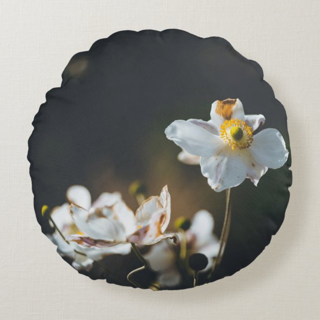 Blommor av vit anemon rund kudde (Framsidan)