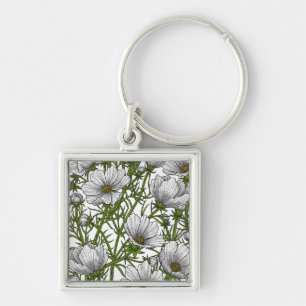 Blommor av vitkosmos fyrkantig silverfärgad nyckelring