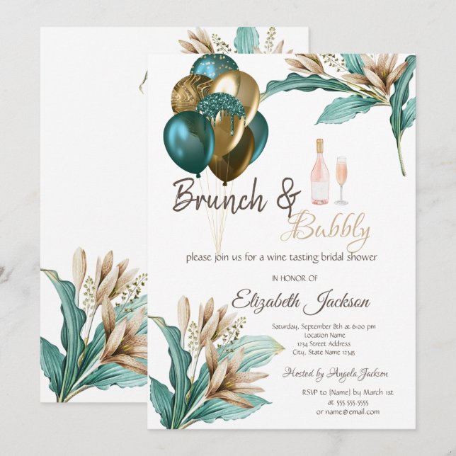 Blommor Ballonger Brunch & Bubbly Bröllopsdusch Inbjudningar (Fram/baksida)