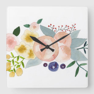 Blommor, bär och Löv Watercolor Clock Fyrkantig Klocka