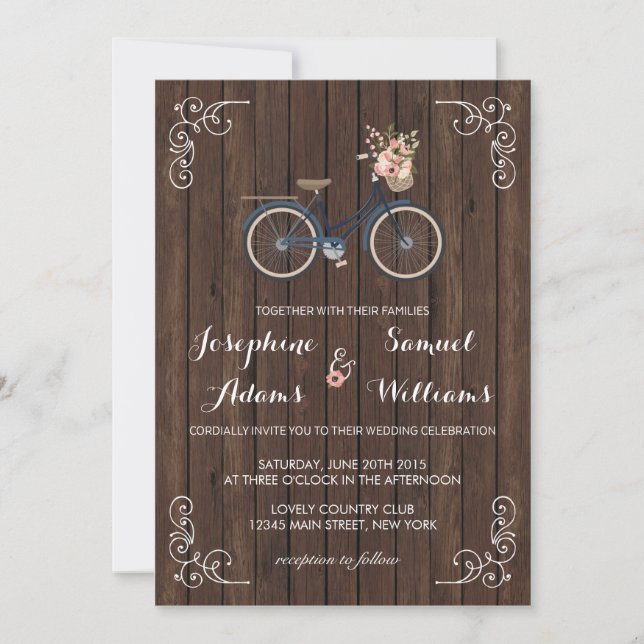 Blommor Bicycle Wood Wedding bjudande Inbjudningar (Framsida)