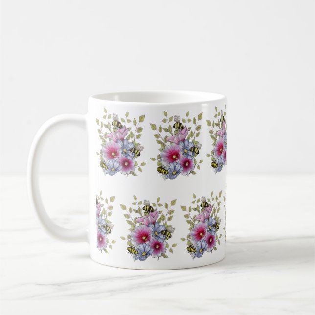 BLOMMOR & BIN Digital ritning, rosa stockrosor Kaffemugg (Vänster)