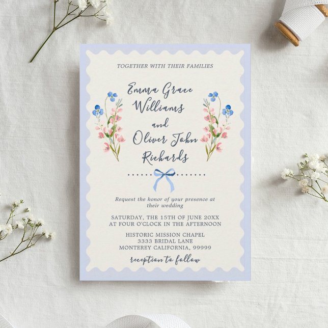 Blommor Blå Romantisk Trädgårdsbröllop Inbjudningar (Floral Romantic Garden Wedding Invitation.)