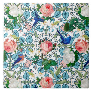 Blommor,blåa fåglar,art nouveau,sommar kakelplatta