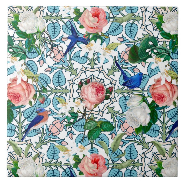 Blommor,blåa fåglar,art nouveau,sommar kakelplatta (Framsidan)