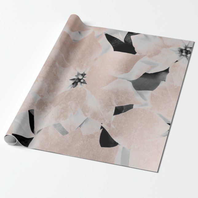 Blommor Black White Faux Guld  Metallic Rosa Presentpapper (Utrullad)