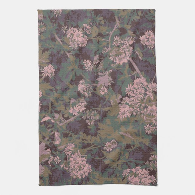 Blommor, blad och kamouflage kökshandduk (Vertikal)