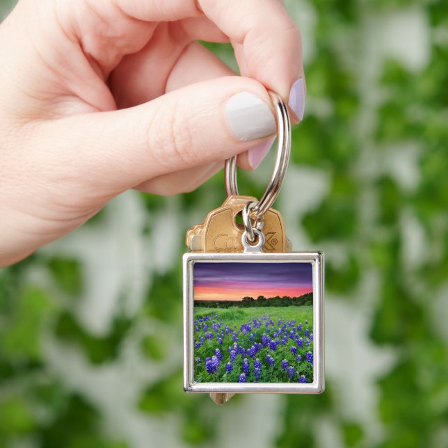 Blommor | Blånät i Sunset Texas Fyrkantig Silverfärgad Nyckelring (Hand)
