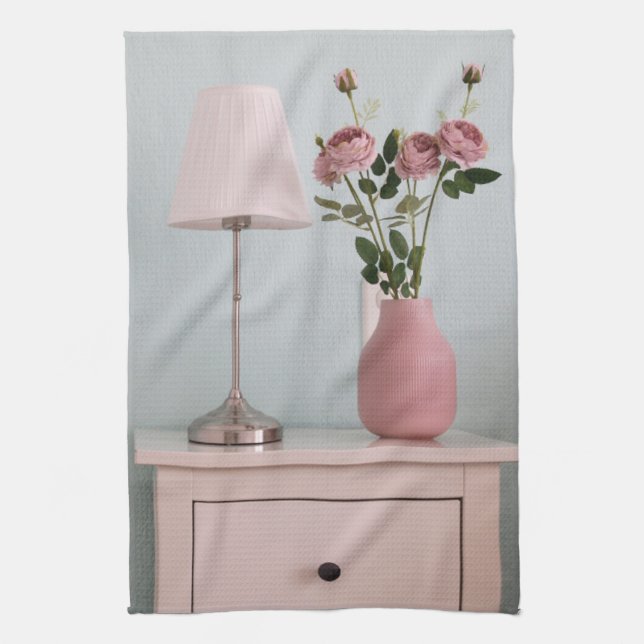 Blommor | Blek Rosa ros om Nightstand Kökshandduk (Vertikal)