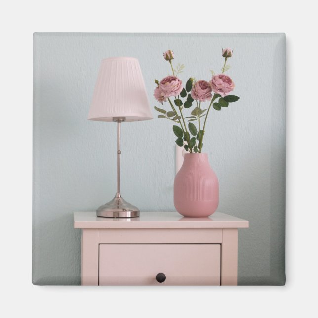 Blommor | Blek Rosa ros om Nightstand Magnet (Framsidan)