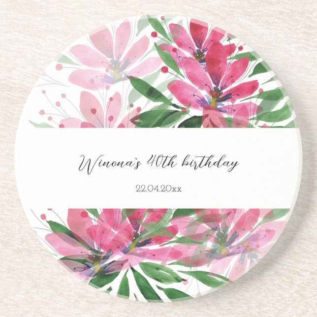 Blommor Blommar Original Konst Vattenfärg Monogram Underlägg (Framsidan)