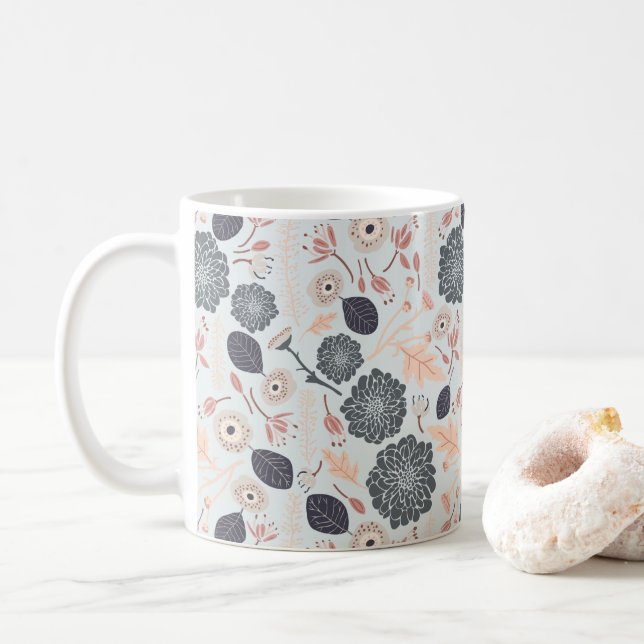 Blommor, Blommigt Grått Blue Peach Kaffemugg (Med munk)