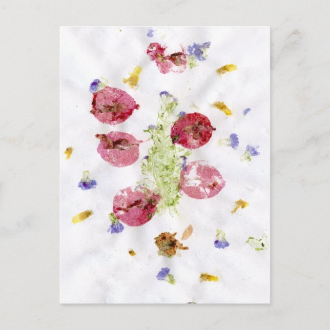 Blommor, blommor, bougie-röd och grönt vykort (Framsida)