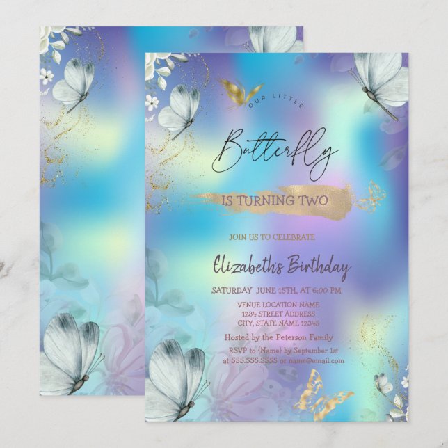 Blommor Blue Butterflies HoloGraph Birthday Inbjudningar (Fram/baksida)