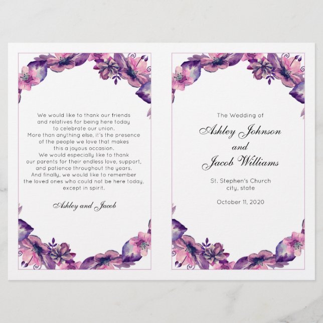 Blommor, bröllopsprogram. Lila kyrkoceremoni (Framsida)
