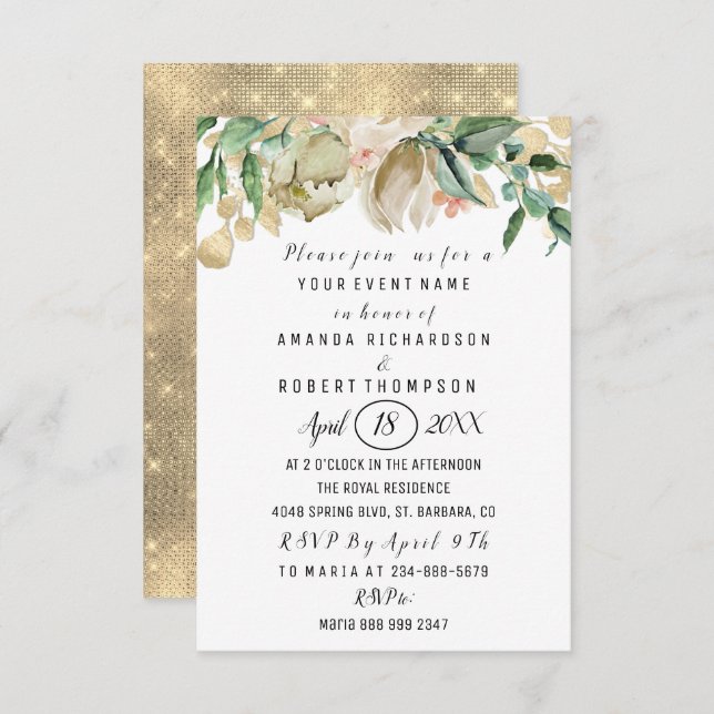 Blommor Brunch Mint Grönt Guld Watercolor White Inbjudningar (Fram/baksida)