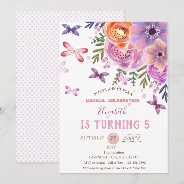 Blommor Butterflies Polka dots Birthday Inbjudningar (Fram/baksida)