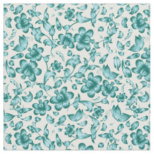 Blommor Butterflies Vår Blommigt Teal on White Tyg