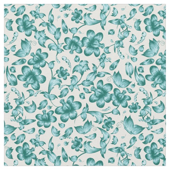 Blommor Butterflies Vår Blommigt Teal on White Tyg (Närbild)