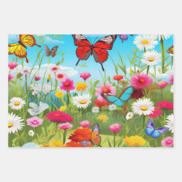 Blommor Butterflies Wrapping Papper Lakan Set av 3