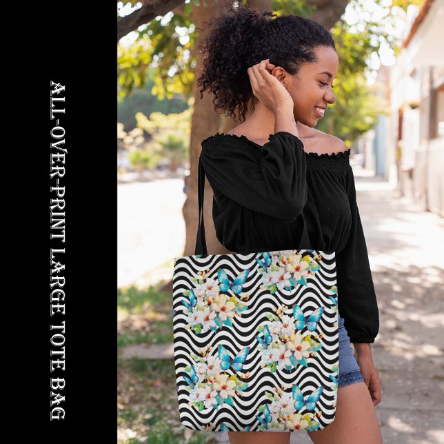 Blommor Butterfly Mönster Black White Vågigt Rand Tygkasse (Flowers Butterfly Pattern Black White Wavy Stripes Tote Bag, blue, black & white, floral, large bag,)