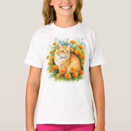 Blommor Cat Lycklig Marigold Orange T-Shirt