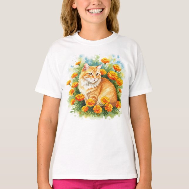 Blommor Cat Lycklig Marigold Orange T-Shirt (Framsida)
