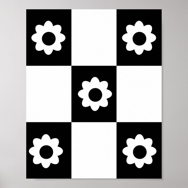Blommor Checker Mönster Black White Mod Squares Poster (Framsidan)