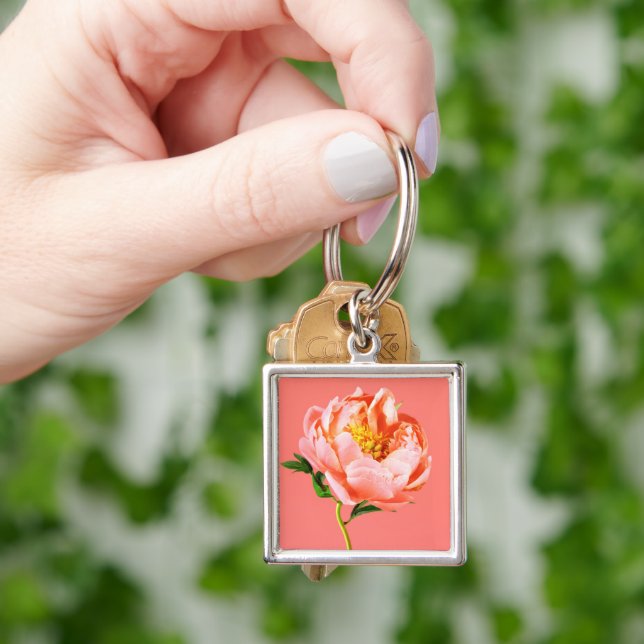 Blommor | Coral Peony Blommar Fyrkantig Silverfärgad Nyckelring (Hand)