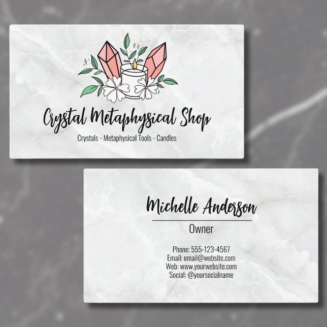 Blommor Crystal Metaphysisk Handbok Visitkort (Cute Flowers Candle Pink Crystal Metaphysical Shop Business Card)