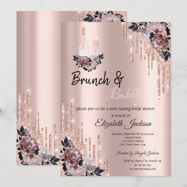 Blommor, Drips Brunch & Bubbly Bröllopsdusch  Inbjudningar (Fram/baksida)