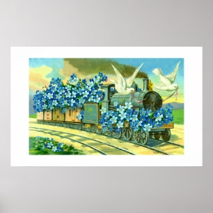 Blommor, duvor och tåg poster