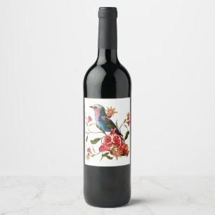 Blommor, fågel och granatfrukt. vinflaska etikett