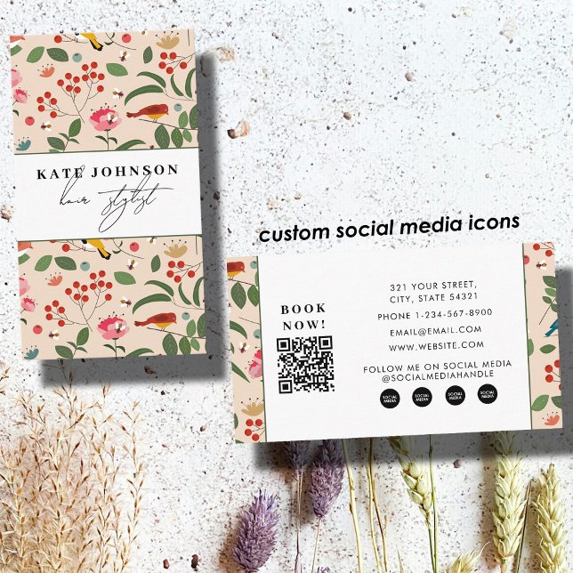 Blommor Fåglar Bin Salong Frisör Makeup  Visitkort (Floral Birds Bees Salon Hair Stylist Makeup Business Card)