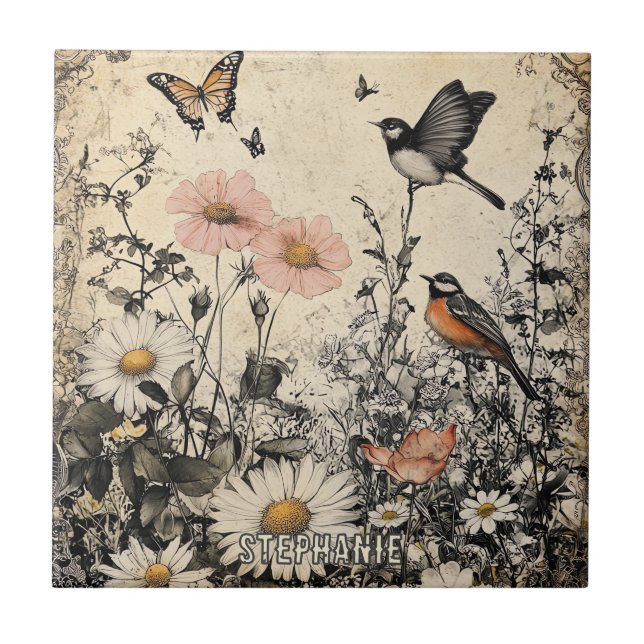 Blommor, Fåglar & Fjäril på Åldrat Papper Kakelplatta (Framsidan)