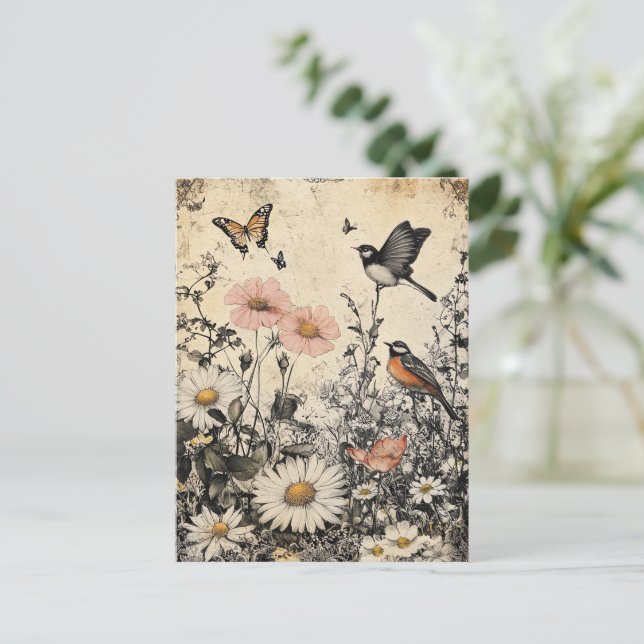 Blommor, fåglar och fjäril på Åldras Papper (1) Vykort (Stående Fram)
