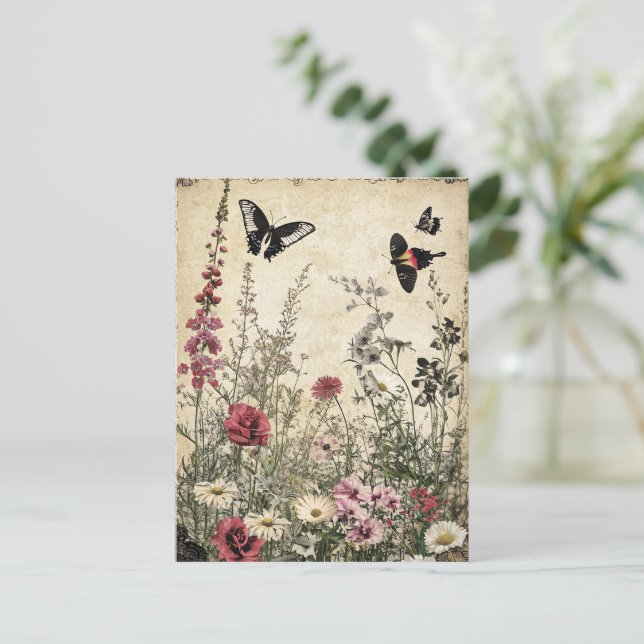 Blommor, fåglar och fjäril på Åldras Papper (2) Vykort (Stående Fram)