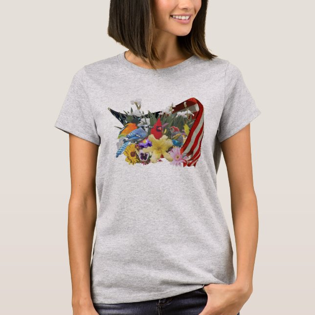 blommor, fåglar och flagg T-Shirt (Framsida)