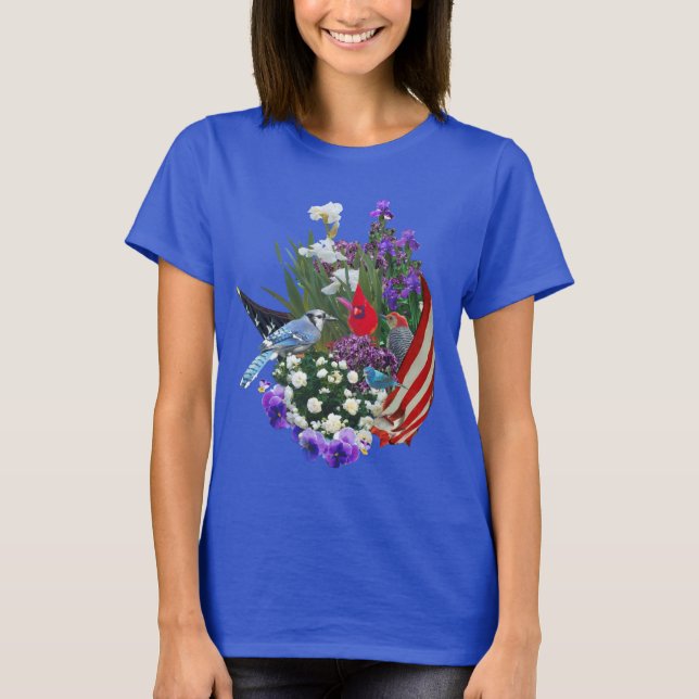 blommor, fåglar och T-tröja för flagga 2r T Shirt (Framsida)