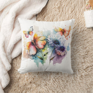 Blommor Fjärilar Akvarell Gul Blå Lila Kudde
