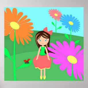 Blommor, flicka och Ladybug Poster