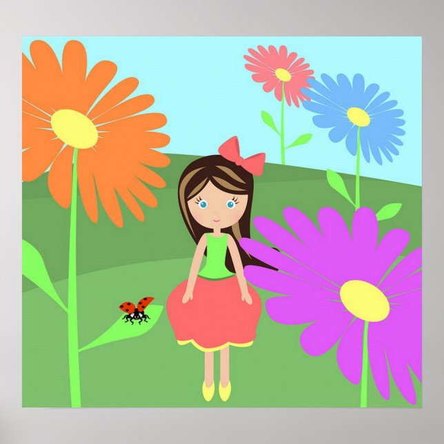 Blommor, flicka och Ladybug Poster (Framsidan)